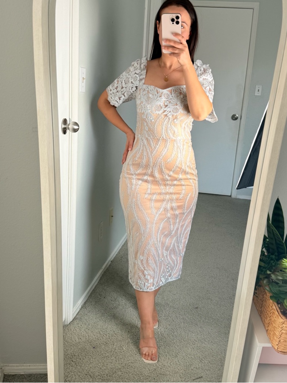 Elegant White Lace Midi Dress with Nude Lining